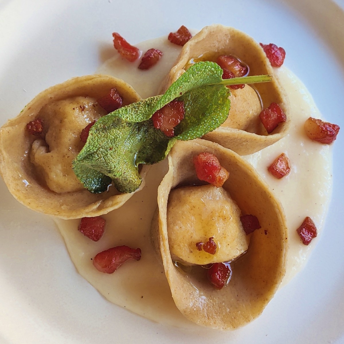 Tortelli di segale con patate e salsa acida di&nbsp;cipolla