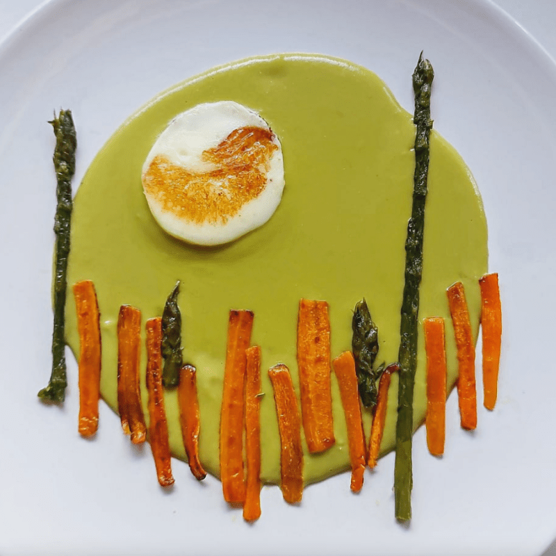Crema di asparagi all’acqua con carote croccanti e provola&nbsp;affumicata