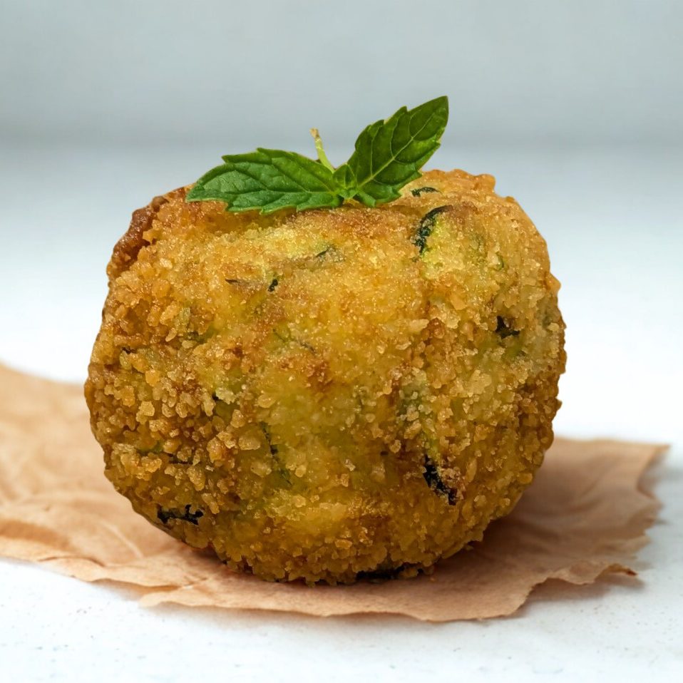 Polpette di zucchine cacio e menta. La foto mostra l'aspetto di una polpettina di zucchine cacio e menta, crosticina dorata croccante fuori e interno morbido. Cosa fare con le zucchine? questa ricetta di polpette di zucchine, cacio e menta!
